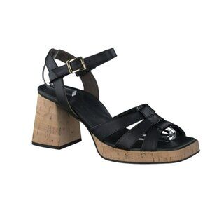 Paul Green Black Leather Strappy Block Heel Sandals NWT 9.5 Super Soft Cork